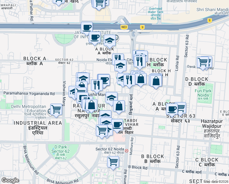 map of restaurants, bars, coffee shops, grocery stores, and more near in Noida