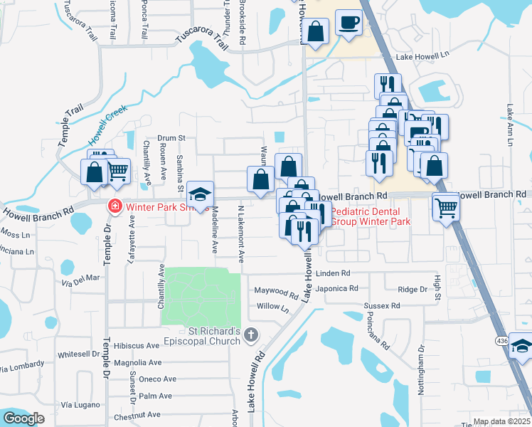 map of restaurants, bars, coffee shops, grocery stores, and more near 1923 Carrigan Avenue in Winter Park