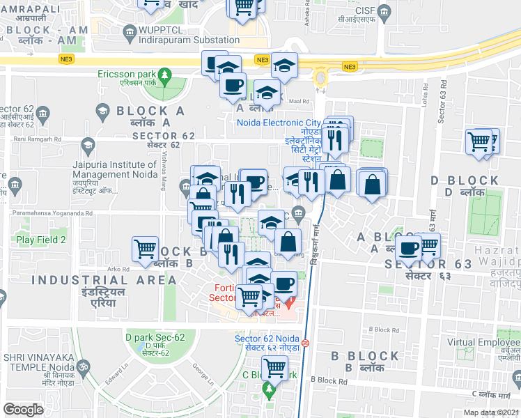 map of restaurants, bars, coffee shops, grocery stores, and more near in Noida