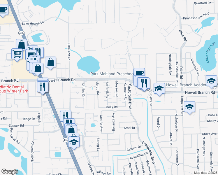 map of restaurants, bars, coffee shops, grocery stores, and more near 133 Stefanik Road in Winter Park