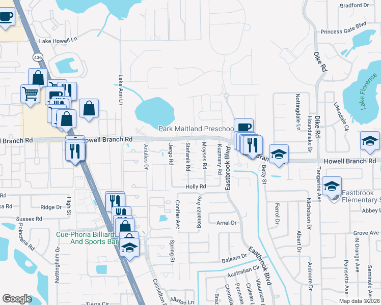 map of restaurants, bars, coffee shops, grocery stores, and more near 133 Stefanik Road in Winter Park