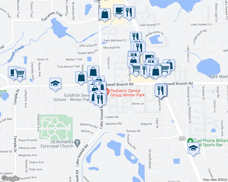 map of restaurants, bars, coffee shops, grocery stores, and more near 131 Lewfield Circle in Winter Park