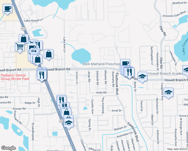 map of restaurants, bars, coffee shops, grocery stores, and more near 133 Stefanik Road in Winter Park
