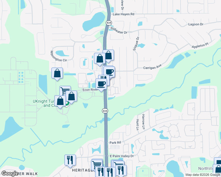 map of restaurants, bars, coffee shops, grocery stores, and more near Wind Sail Place in Oviedo