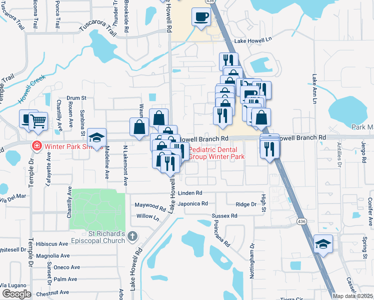 map of restaurants, bars, coffee shops, grocery stores, and more near 149 Lewfield Circle in Winter Park