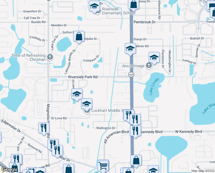 map of restaurants, bars, coffee shops, grocery stores, and more near 7341 Riverside Park Road in Lockhart