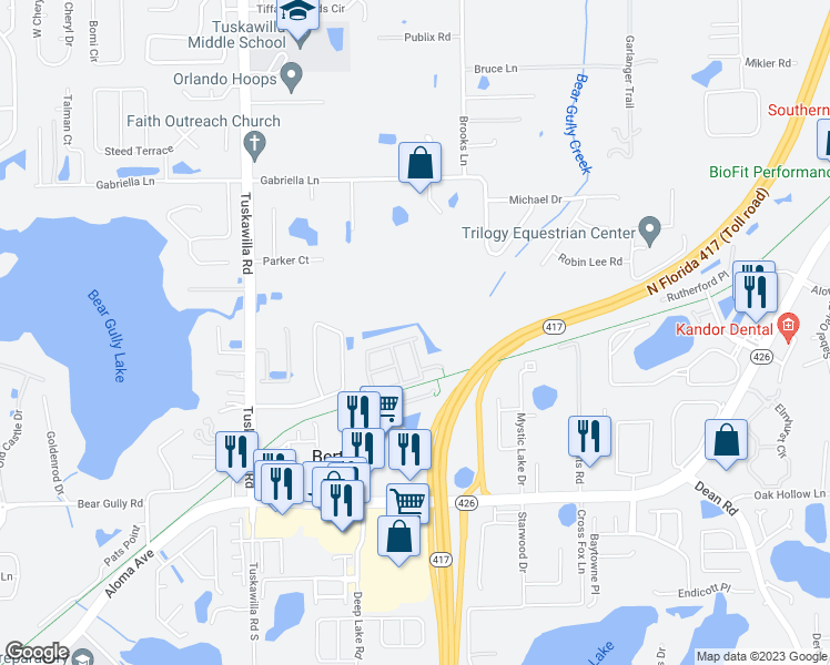 map of restaurants, bars, coffee shops, grocery stores, and more near 2600 Sweet Magnolia Place in Oviedo