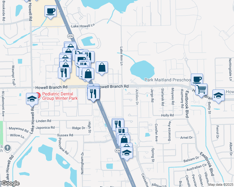 map of restaurants, bars, coffee shops, grocery stores, and more near 1687 Semoran North Circle in Winter Park
