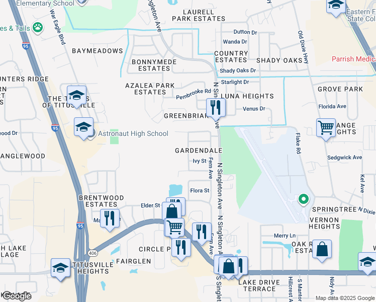 map of restaurants, bars, coffee shops, grocery stores, and more near 698 Mimosa Avenue in Titusville