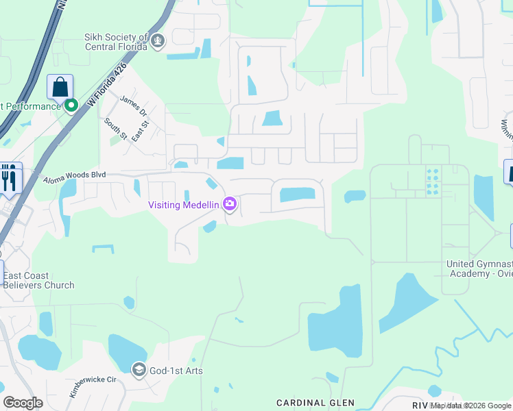 map of restaurants, bars, coffee shops, grocery stores, and more near 2888 Aloma Lake Run in Oviedo