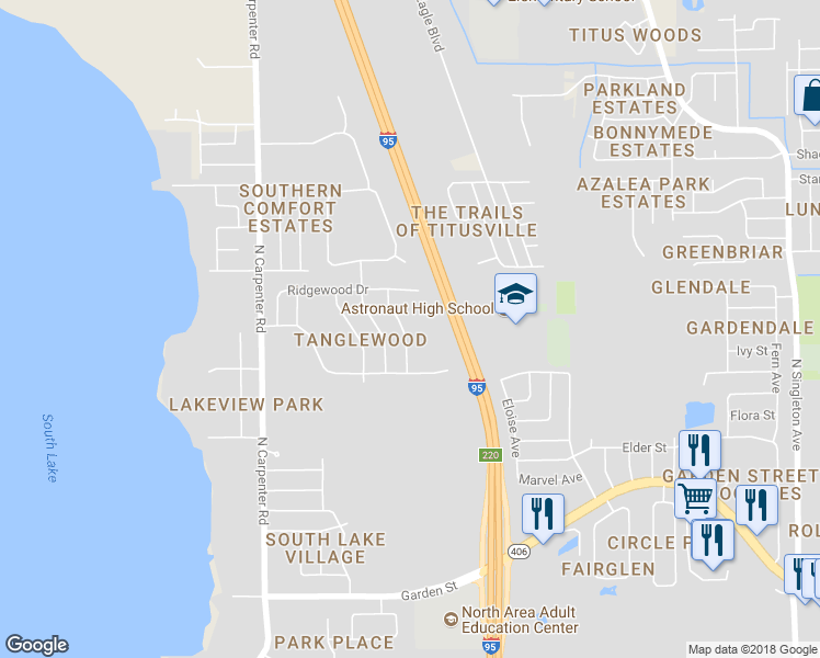 map of restaurants, bars, coffee shops, grocery stores, and more near 839 Trailwood Avenue in Titusville