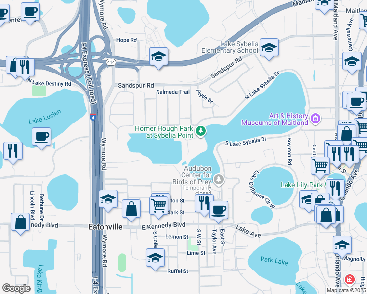 map of restaurants, bars, coffee shops, grocery stores, and more near 1325 North Lake Sybelia Drive in Maitland