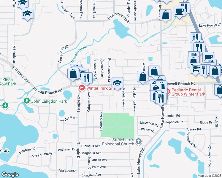 map of restaurants, bars, coffee shops, grocery stores, and more near 2631 Mandan Trail in Winter Park