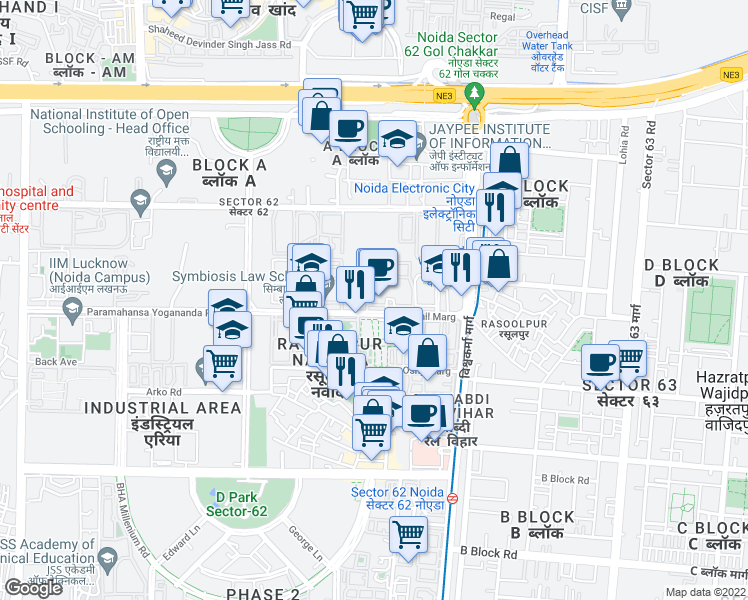 map of restaurants, bars, coffee shops, grocery stores, and more near Sushil Marg in Noida