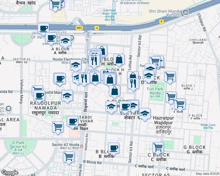 map of restaurants, bars, coffee shops, grocery stores, and more near 117 Lohia Road in Noida