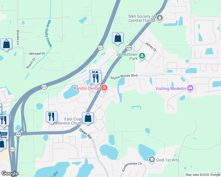 map of restaurants, bars, coffee shops, grocery stores, and more near 5914 Big Pine Court in Oviedo