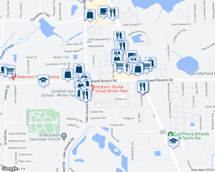 map of restaurants, bars, coffee shops, grocery stores, and more near 2521 Tahoe Circle in Winter Park