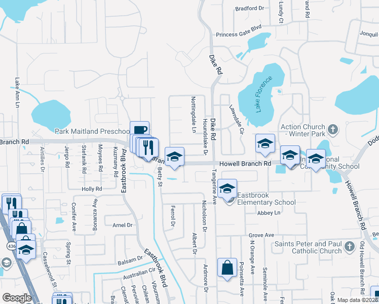 map of restaurants, bars, coffee shops, grocery stores, and more near 1925 Houndslake Drive in Winter Park