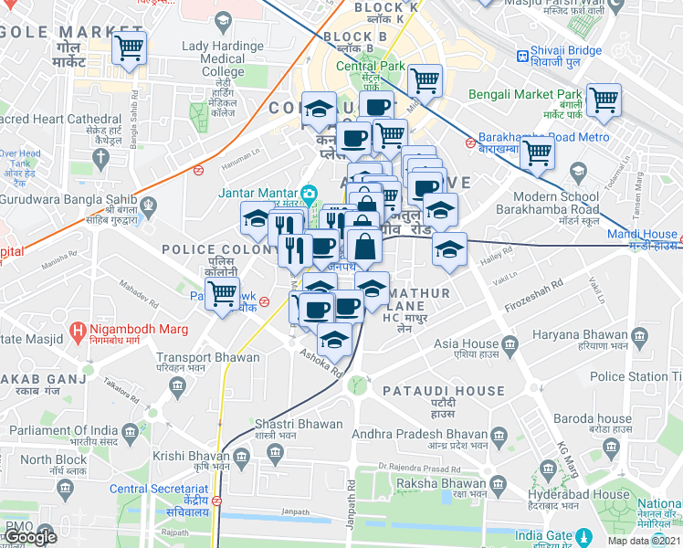 map of restaurants, bars, coffee shops, grocery stores, and more near 124 Janpath Lane in New Delhi