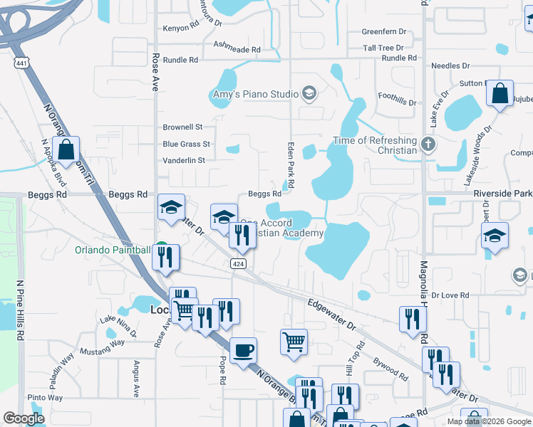 map of restaurants, bars, coffee shops, grocery stores, and more near 7431 Mott Avenue in Orlando