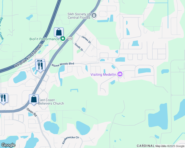 map of restaurants, bars, coffee shops, grocery stores, and more near 2953 Maple Grove Place in Oviedo