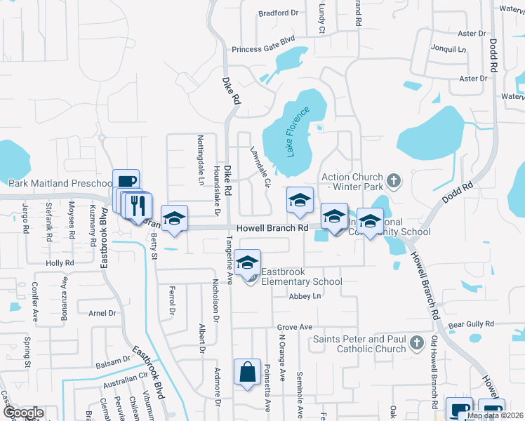 map of restaurants, bars, coffee shops, grocery stores, and more near 1586 Lawndale Circle in Winter Park