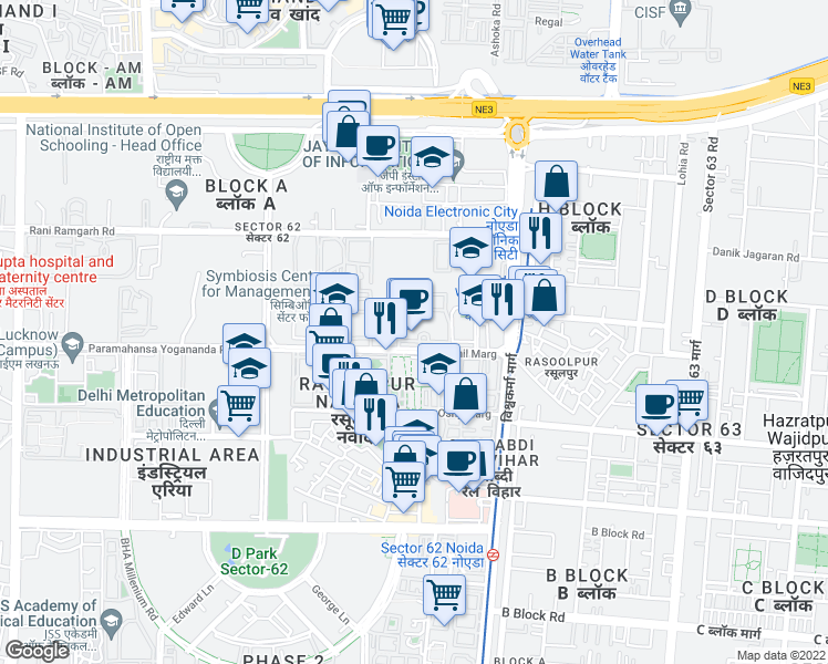 map of restaurants, bars, coffee shops, grocery stores, and more near in Noida