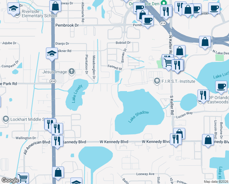 map of restaurants, bars, coffee shops, grocery stores, and more near 2204 Flagler Promenade Way in Maitland