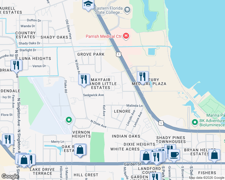 map of restaurants, bars, coffee shops, grocery stores, and more near 57 Jerry Avenue in Titusville