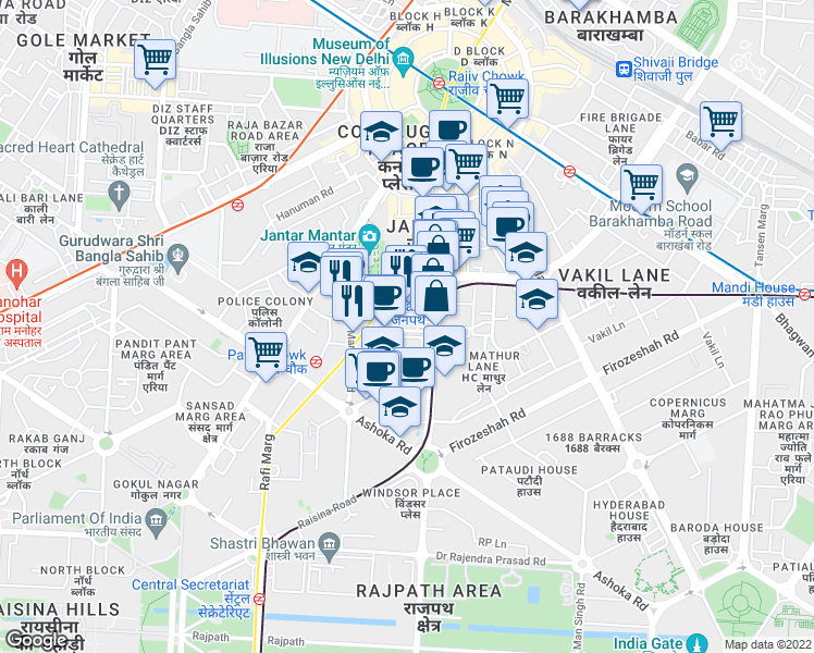 map of restaurants, bars, coffee shops, grocery stores, and more near 124 Janpath Lane in New Delhi