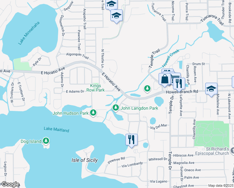 map of restaurants, bars, coffee shops, grocery stores, and more near 1064 Howell Branch Road in Winter Park