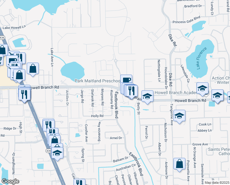 map of restaurants, bars, coffee shops, grocery stores, and more near 2617 Eastbrook Boulevard in Winter Park