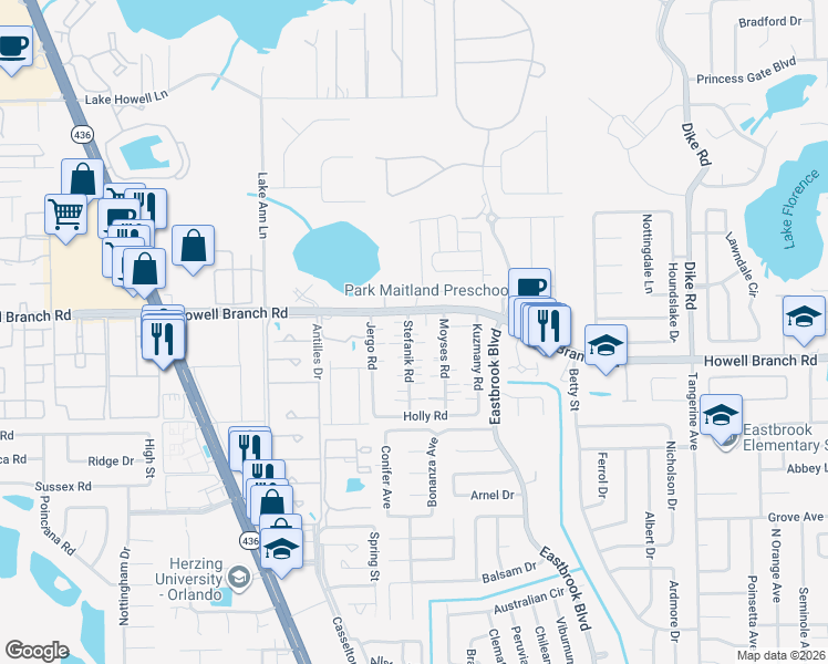 map of restaurants, bars, coffee shops, grocery stores, and more near 133 Stefanik Road in Winter Park