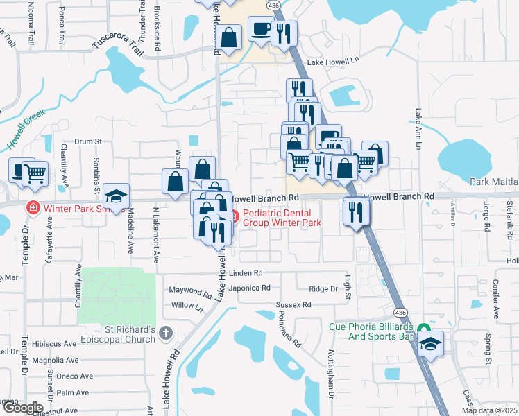 map of restaurants, bars, coffee shops, grocery stores, and more near 2521 Tahoe Circle in Winter Park