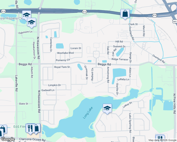 map of restaurants, bars, coffee shops, grocery stores, and more near 7560 Groveoak Drive in Orlando