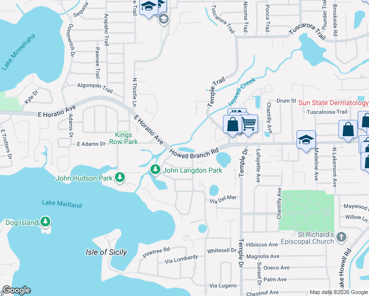 map of restaurants, bars, coffee shops, grocery stores, and more near 1121 Howell Branch Road in Winter Park