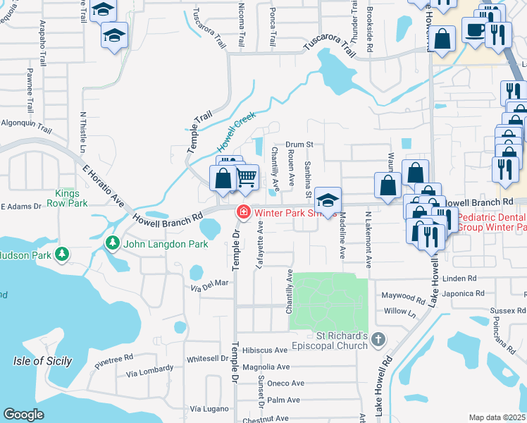 map of restaurants, bars, coffee shops, grocery stores, and more near 2630 Lafayette Avenue in Winter Park