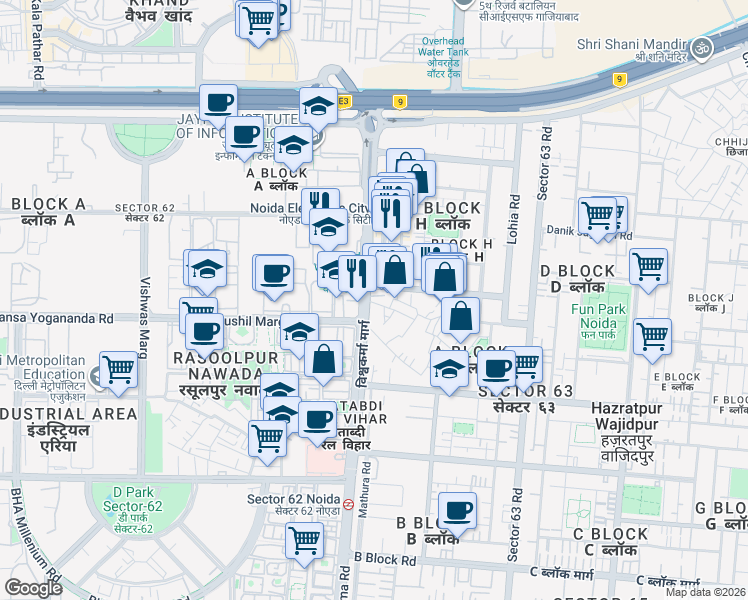 map of restaurants, bars, coffee shops, grocery stores, and more near 224k Vishwakarma Road in Noida