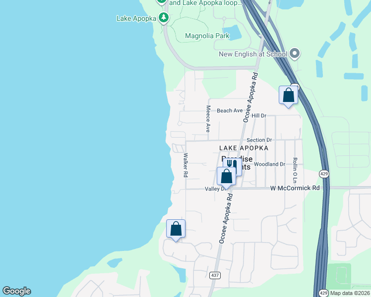 map of restaurants, bars, coffee shops, grocery stores, and more near 3480 Walker Road in Apopka