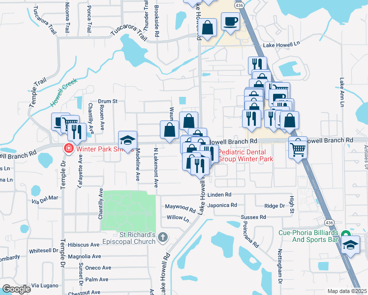 map of restaurants, bars, coffee shops, grocery stores, and more near 1960 Howell Branch Road in Winter Park