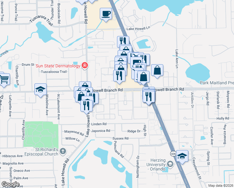 map of restaurants, bars, coffee shops, grocery stores, and more near 2411 Sorrento Circle in Winter Park