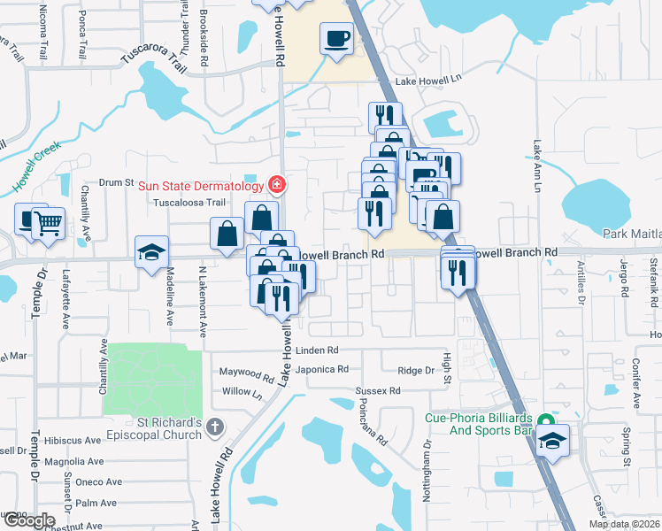 map of restaurants, bars, coffee shops, grocery stores, and more near 131 Lewfield Circle in Winter Park