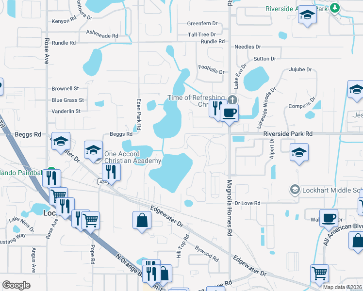 map of restaurants, bars, coffee shops, grocery stores, and more near 4250 Riverside Park Road in Orlando