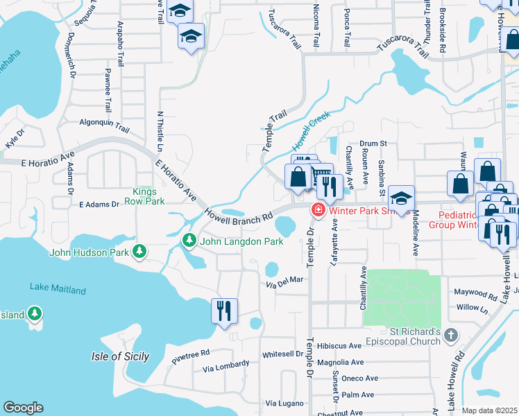 map of restaurants, bars, coffee shops, grocery stores, and more near 1205 Howell Branch Road in Winter Park