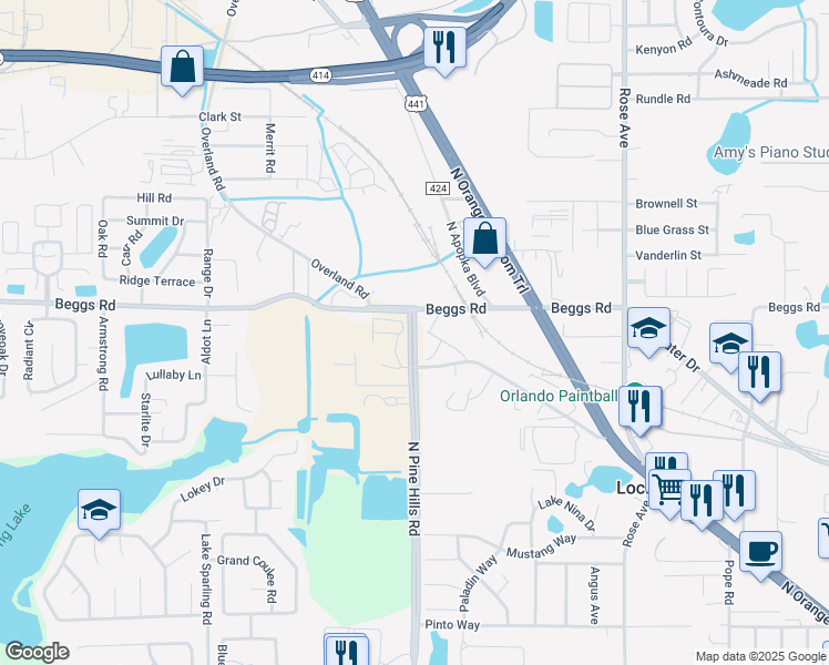 map of restaurants, bars, coffee shops, grocery stores, and more near 5717 North Pine Hills Road in Orlando