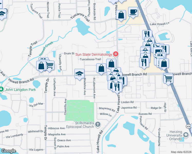 map of restaurants, bars, coffee shops, grocery stores, and more near 1900 Howell Branch Road in Winter Park