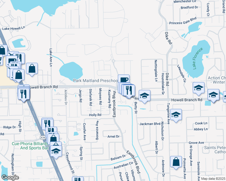 map of restaurants, bars, coffee shops, grocery stores, and more near 2617 Eastbrook Boulevard in Winter Park