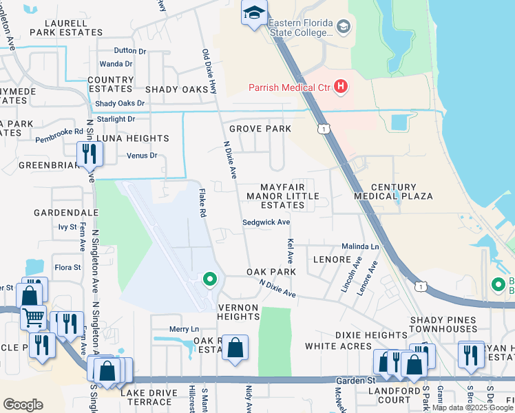 map of restaurants, bars, coffee shops, grocery stores, and more near 9 Sedgwick Avenue in Titusville