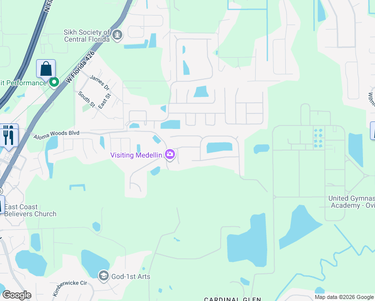 map of restaurants, bars, coffee shops, grocery stores, and more near 2888 Aloma Lake Run in Oviedo