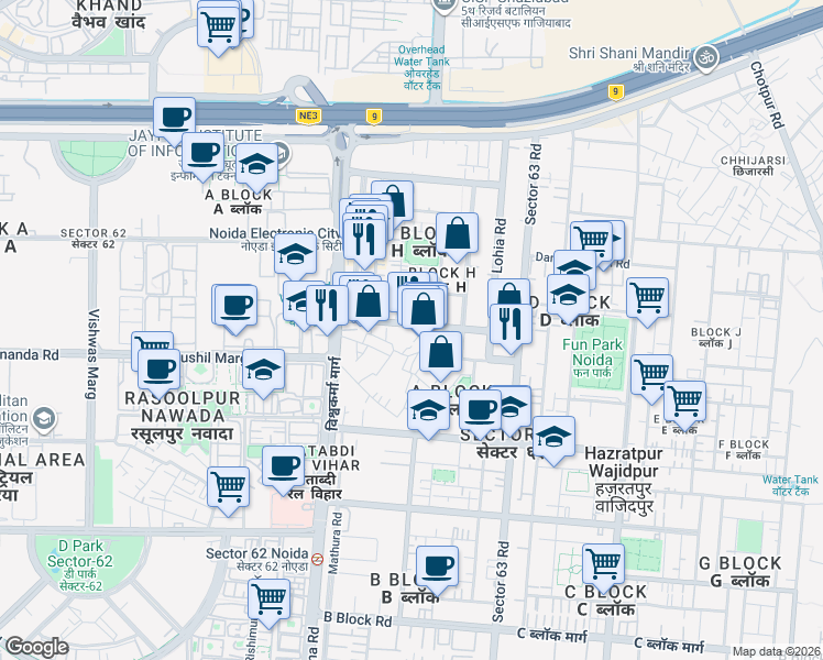 map of restaurants, bars, coffee shops, grocery stores, and more near 117 Lohia Road in Noida